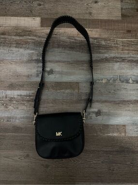 Michael Kors Black Leather Crossbody with Braided Strap and Gold MK